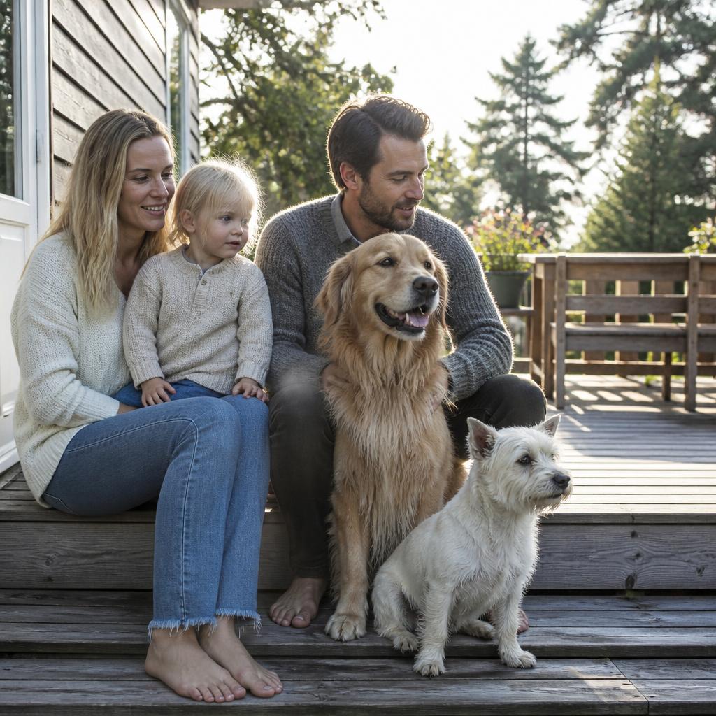 Family on porch with a golden retriever and a small terrier in morning light
